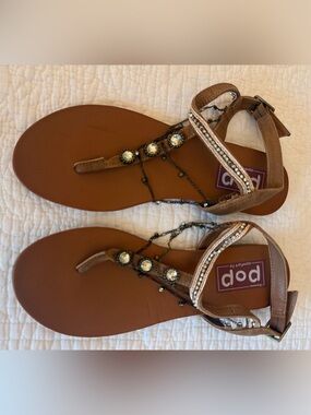 Brown Jeweled T-Strap Sandals